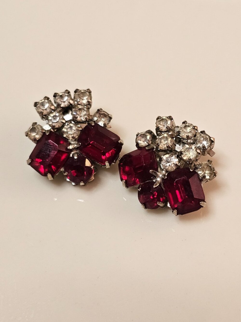 Vintage Mid-Century Ruby Red & Clear Rhinestone Clip-On Earrings
